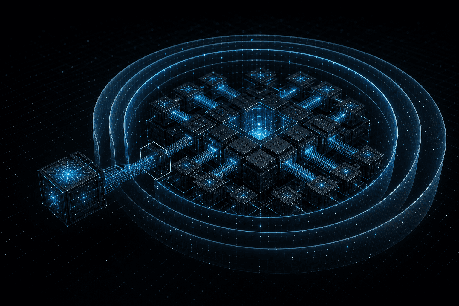 A modular neural network protected by concentric safety layers, with one knowledge module detached.