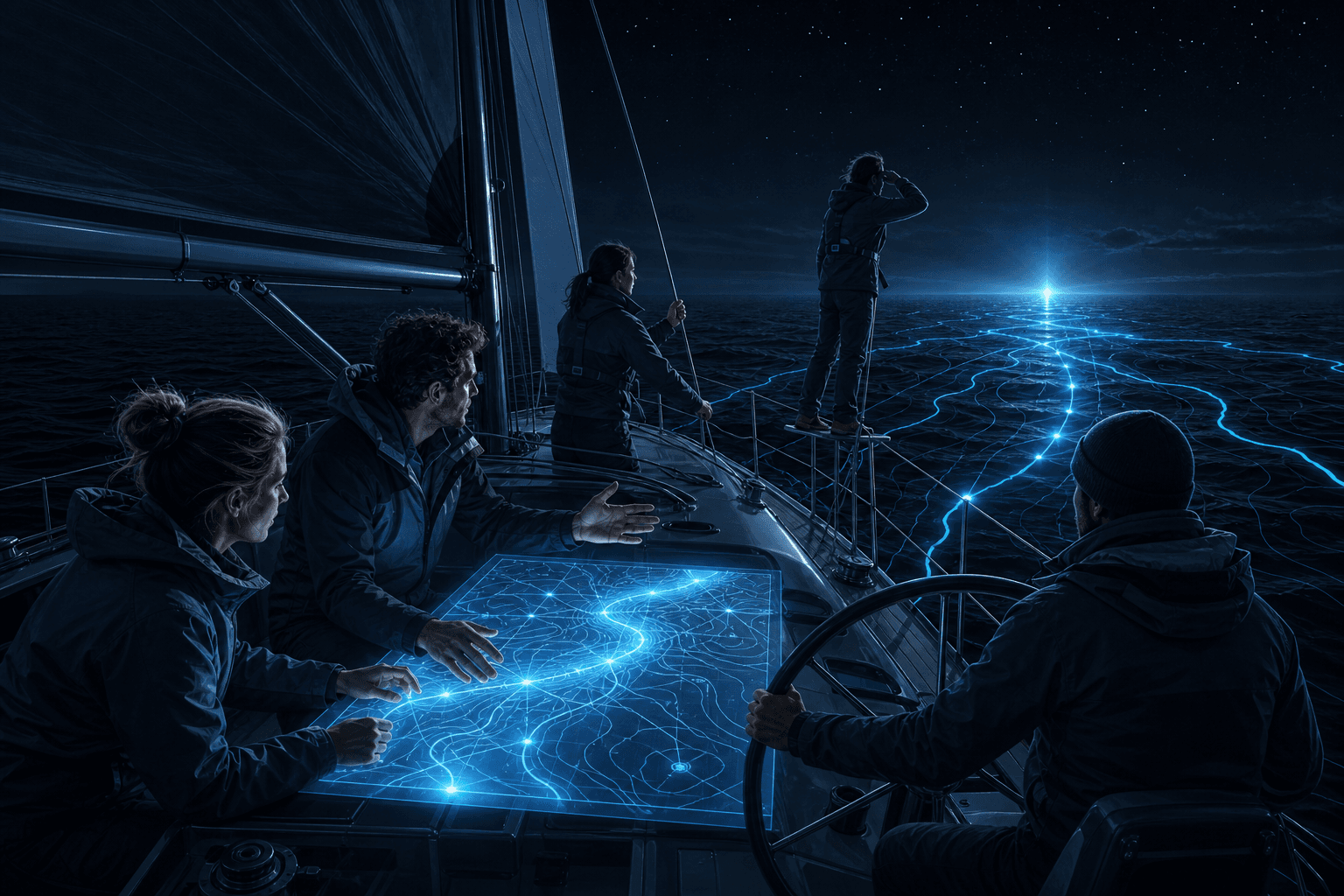 A sailing crew sharing a glowing navigation chart while steering together toward a blue light on the horizon.